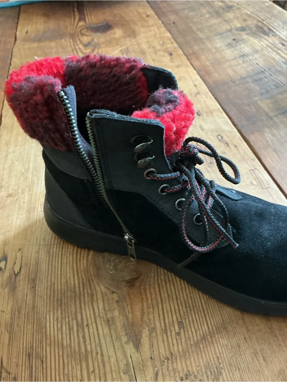 Coldwater Creek Black Suede Lace-Up Ankle Boots with Red Plaid Faux Fur Collar